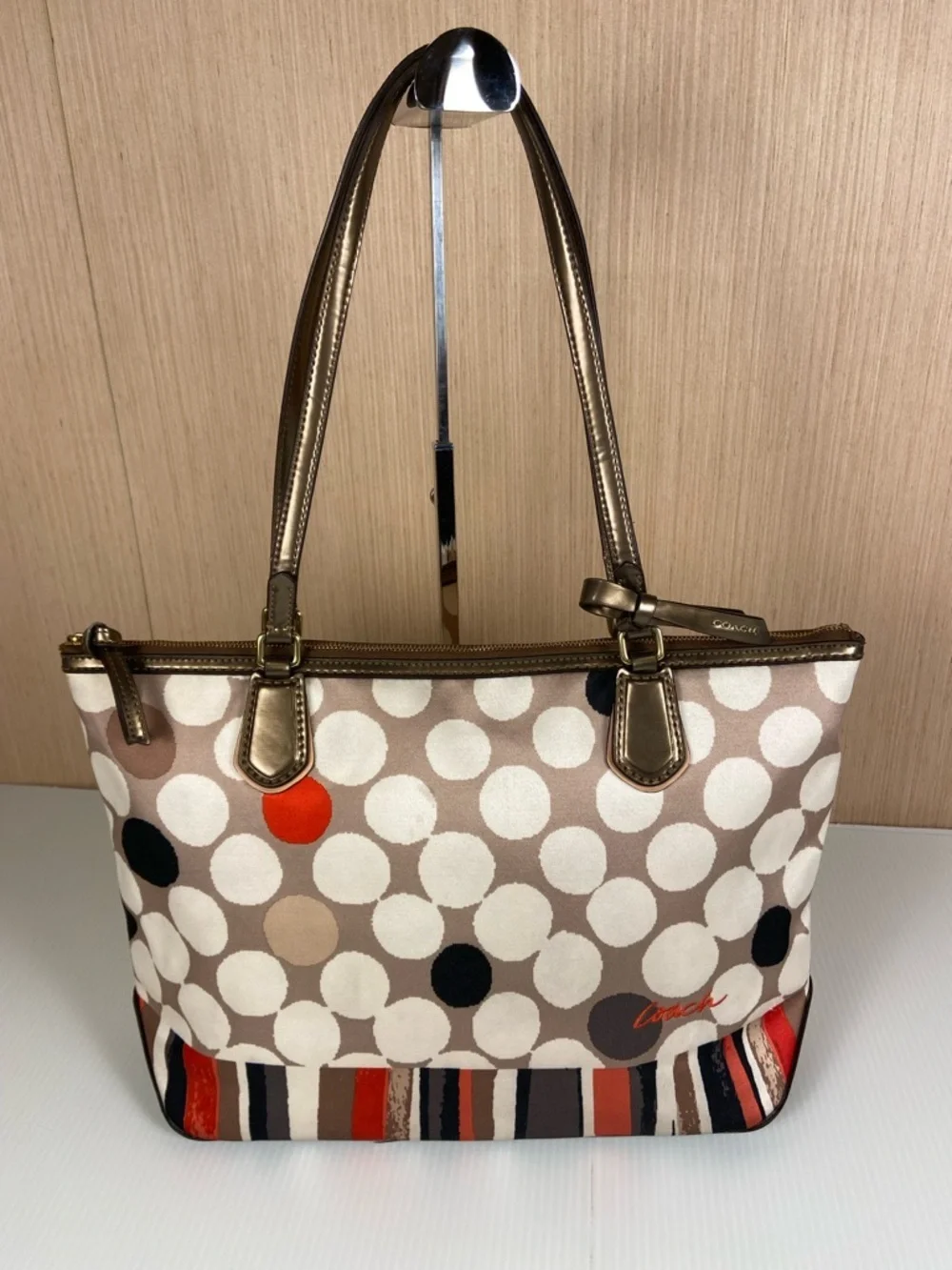Coach Polka Dot Stripe Tote Satin Scarf Print Leather Trim Red Lining Rare